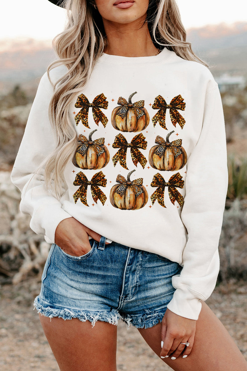 Hazel Blues® |  Beige Pumpkin Leopard Bow Knot Print Pullover Sweatshirt