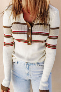 Hazel Blues® |  Half Button Contrast Stripe Long Sleeve Knit Top