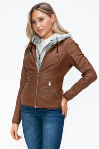 Hazel Blues® |  YMI Faux Layered Double-Zipper Jacket with Fuzzy Hood