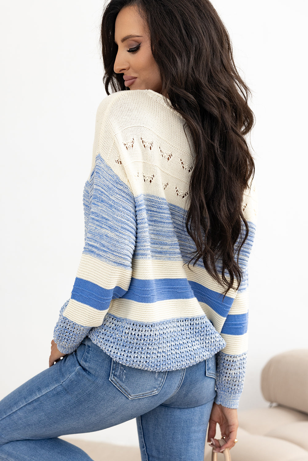 Hazel Blues® |  Light Blue Open Stitch Puff Sleeve Sweater