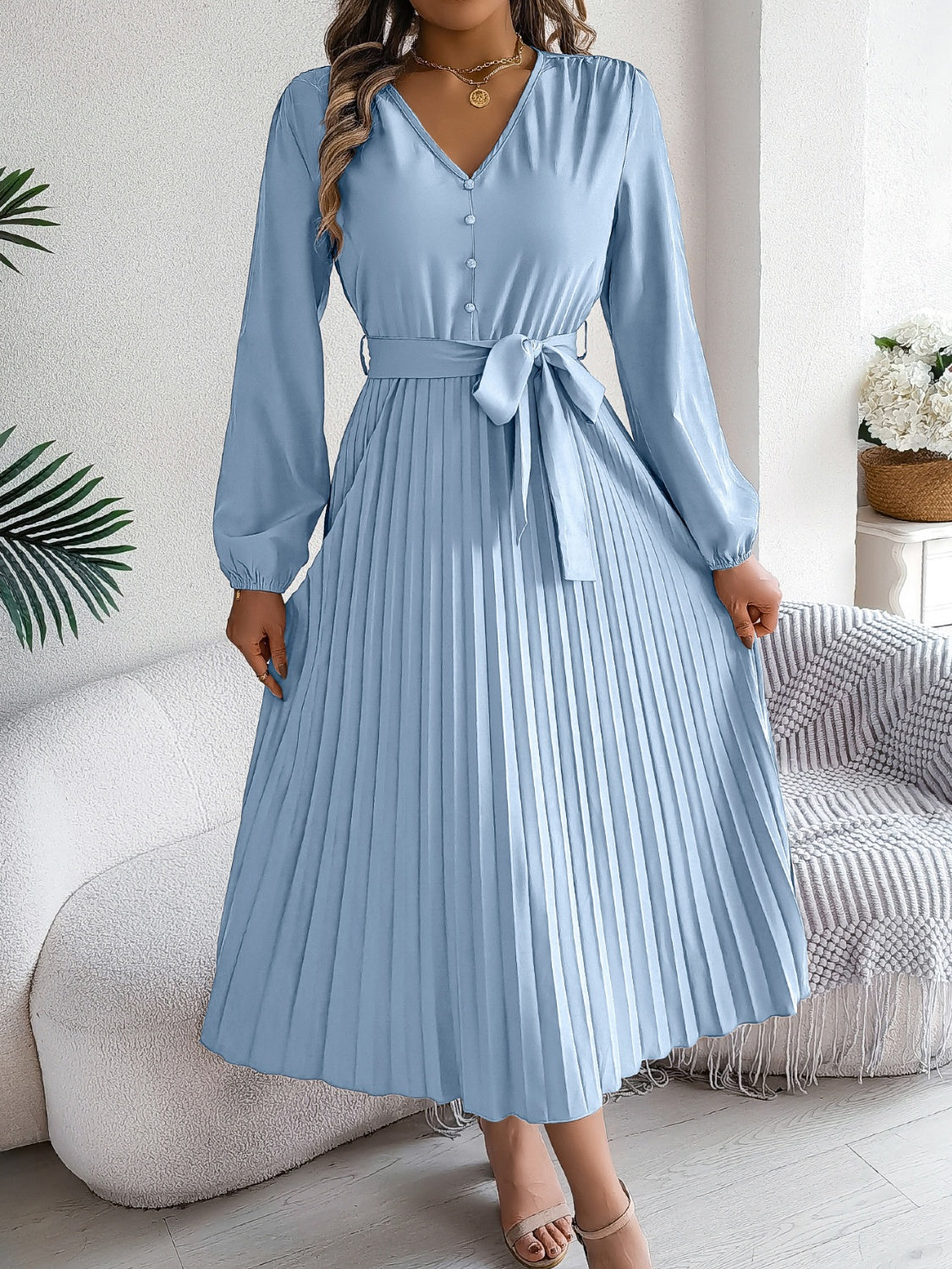 Hazel Blues® |  Pleated Tied V-Neck Long Sleeve Dress