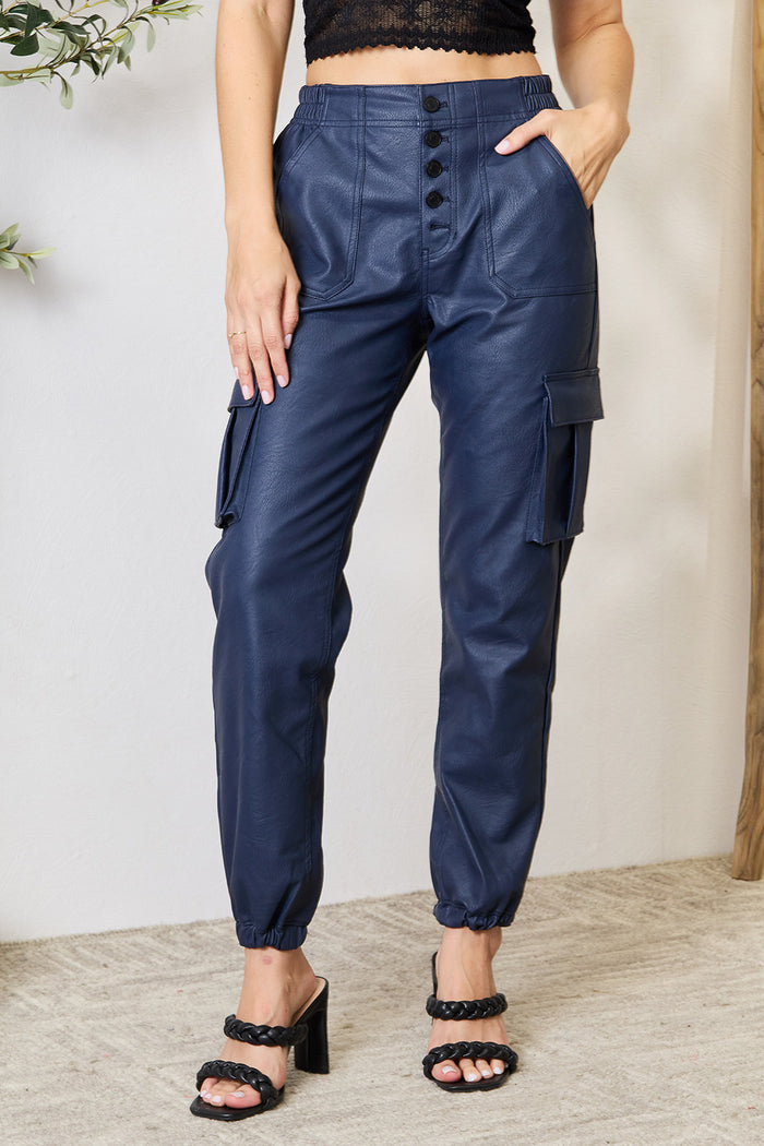 Hazel Blues® |  Kancan High Waist Faux Leather Cargo Joggers