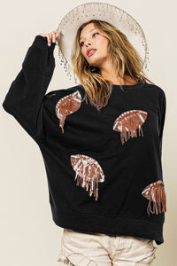 Hazel Blues® |  BiBi Sequin Fringe Football Patch Round Neck Sweatshirt