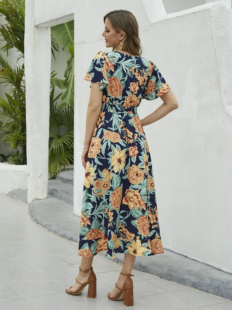 wrap midi dress with sleeves Floral Print Short Sleeve Wrap Midi Dress Orange / XXL
