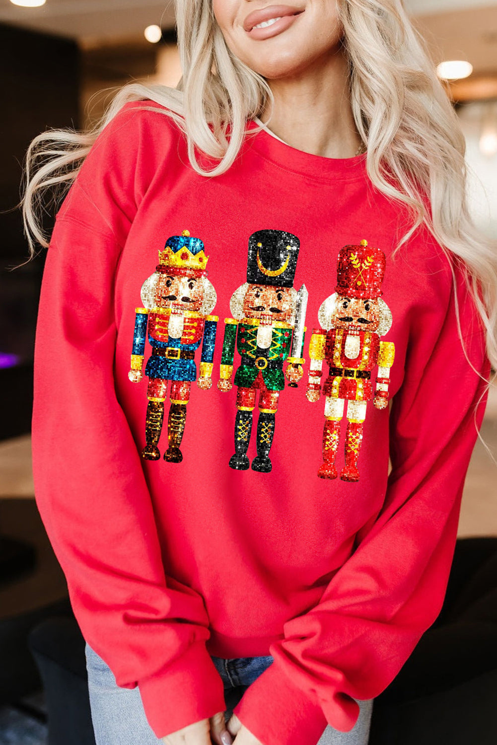 Hazel Blues® |  Red Christmas Metallic Nutcracker Graphic Crew Neck Sweatshirt