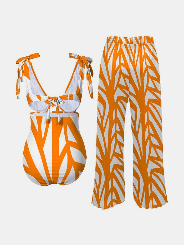 Hazel Blues® |  Printed Tie Shoulder Swimwear and Pants Swim Set