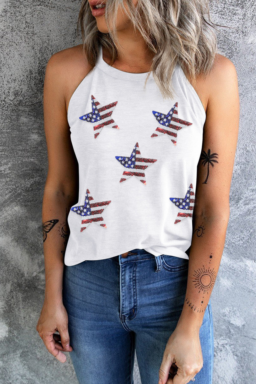 Hazel Blues® |  Sequin US Flag Star Grecian Neck Tank