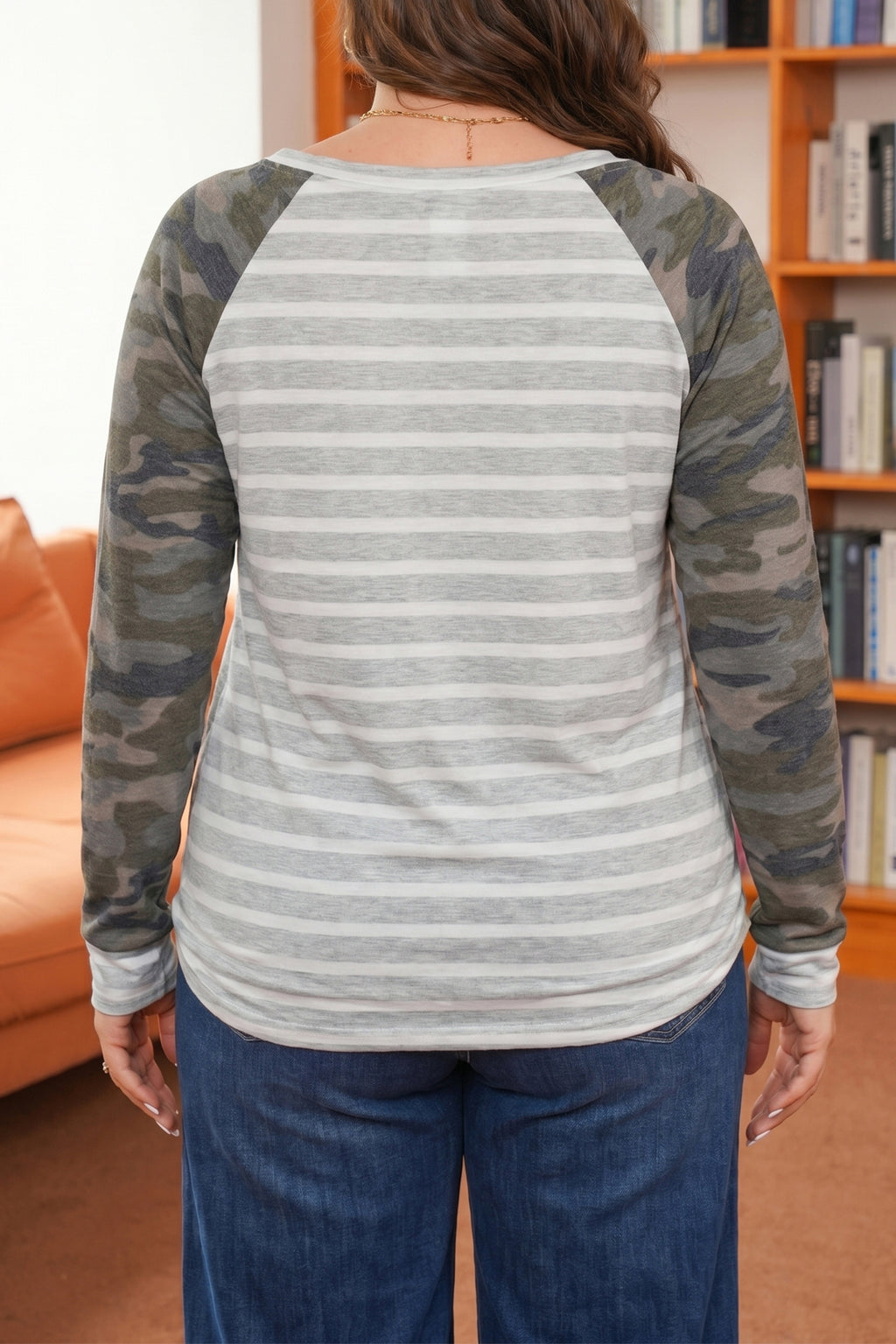Gray Stripe Camo Sleeve Striped Color-Block Round-Neck Long-Sleeve Blouse