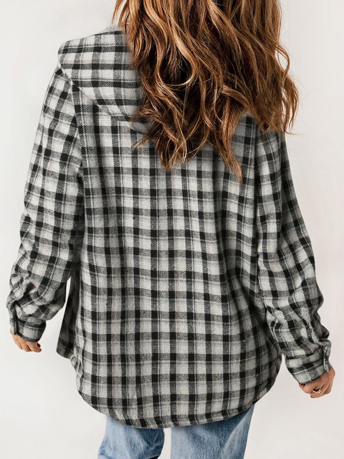 Hazel Blues® |  Plaid Snap Down Plush Hooded Jacket