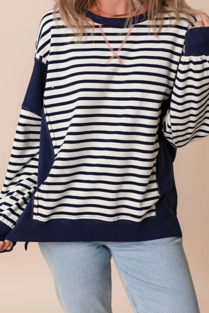 Hazel Blues® |  Exposed Seam Striped Long Sleeve Sweatshirt