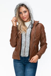 Hazel Blues® |  YMI Faux Layered Double-Zipper Jacket with Fuzzy Hood