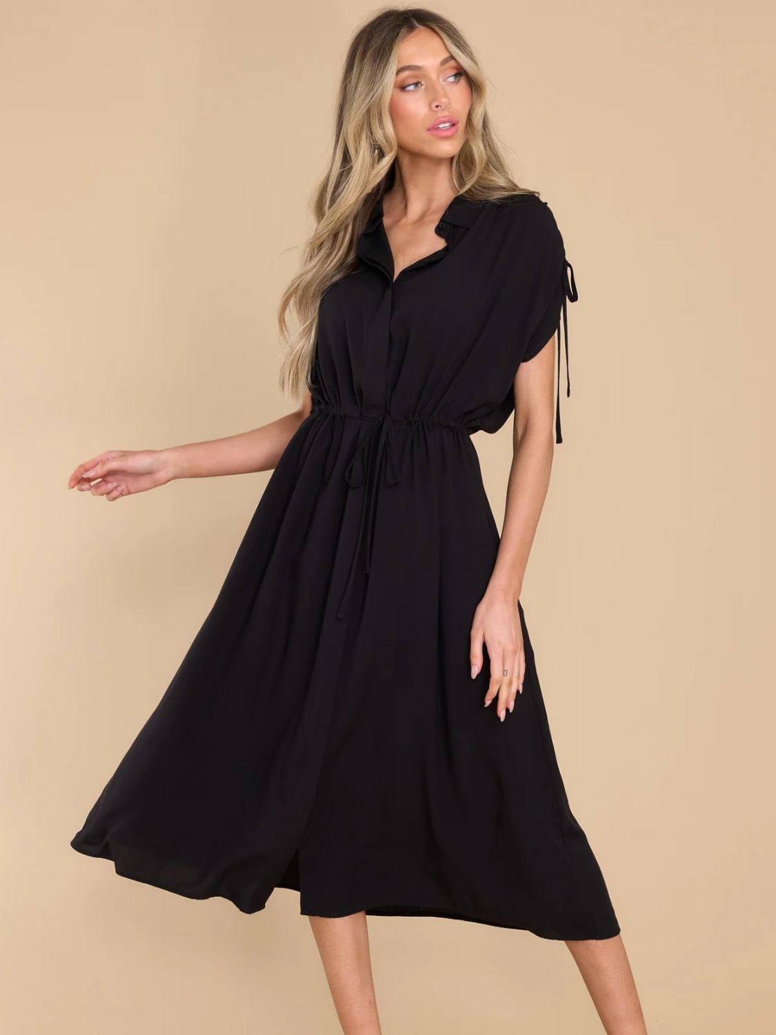 Hazel Blues® |  Drawstring Collared Neck Short Sleeve Midi Dress