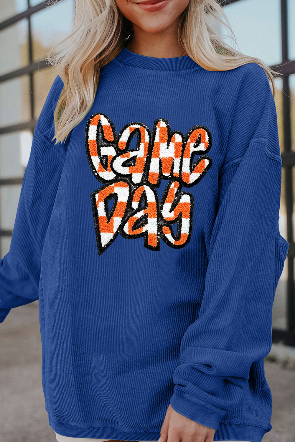 Hazel Blues® |  Dark Blue Chenille Checkered Game Day Graphic Drop Shoulder Corded Sweatshirt