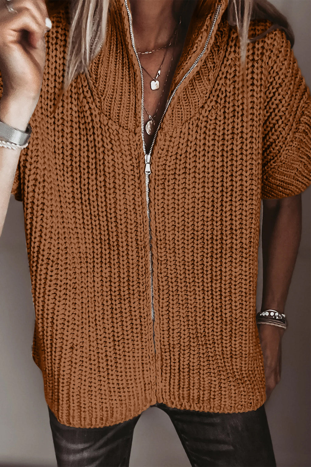 Cinnamon Zip-Neck Short-Sleeve Sweater