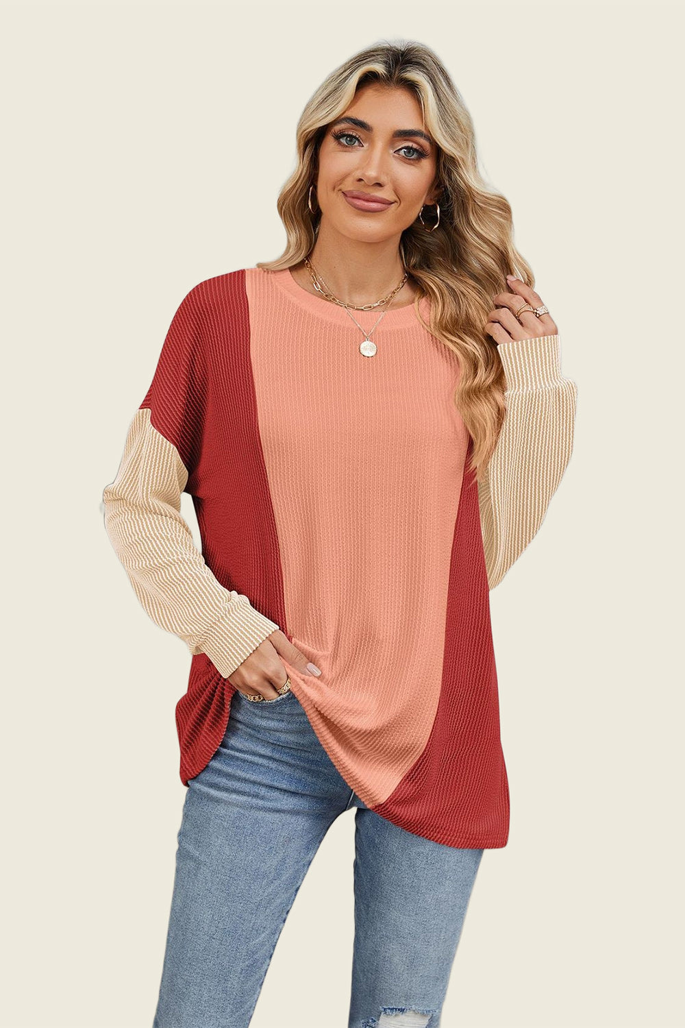 Hazel Blues® |  Double Take Texture Contrast Round Neck Long Sleeve T-Shirt