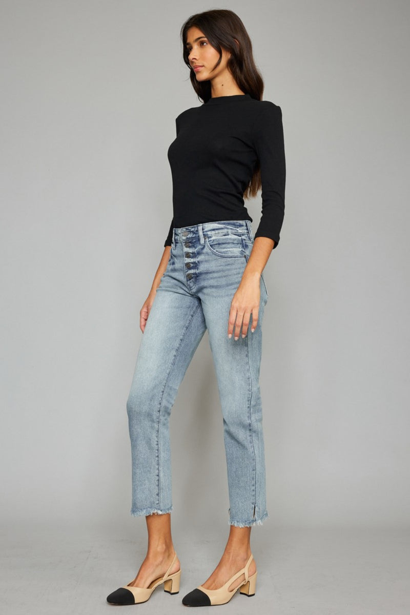 Hazel Blues® |  Kancan High Waist Button Fly Raw Hem Cropped Straight Jeans