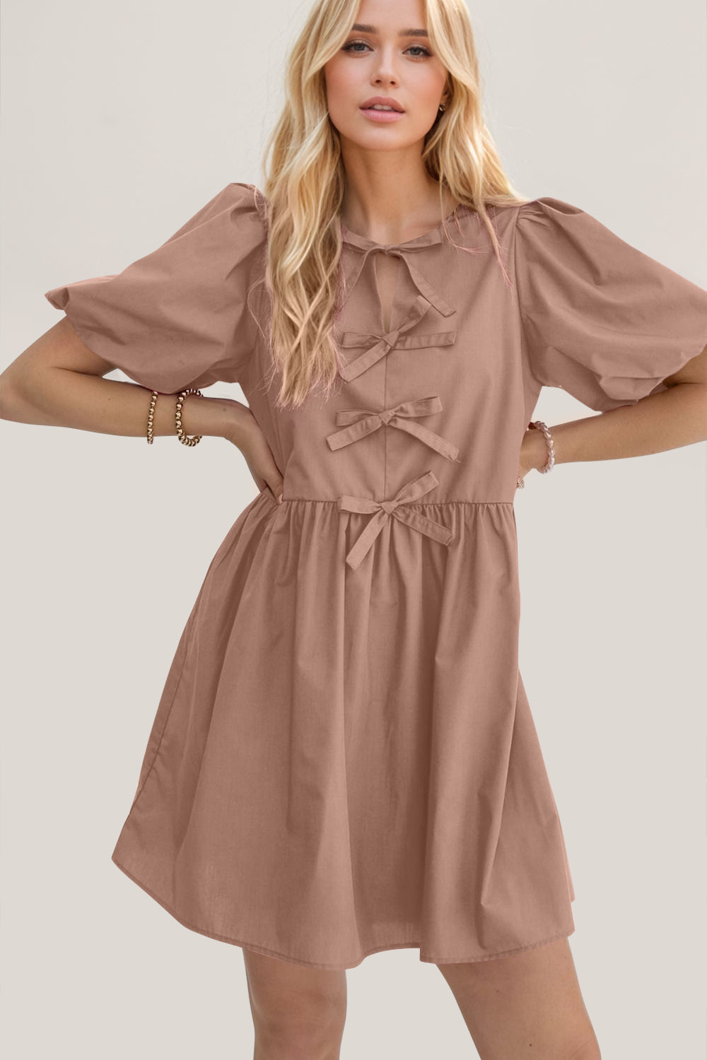 Hazel Blues® |  Oh Bow Ruched Puff Sleeve Mini Dress