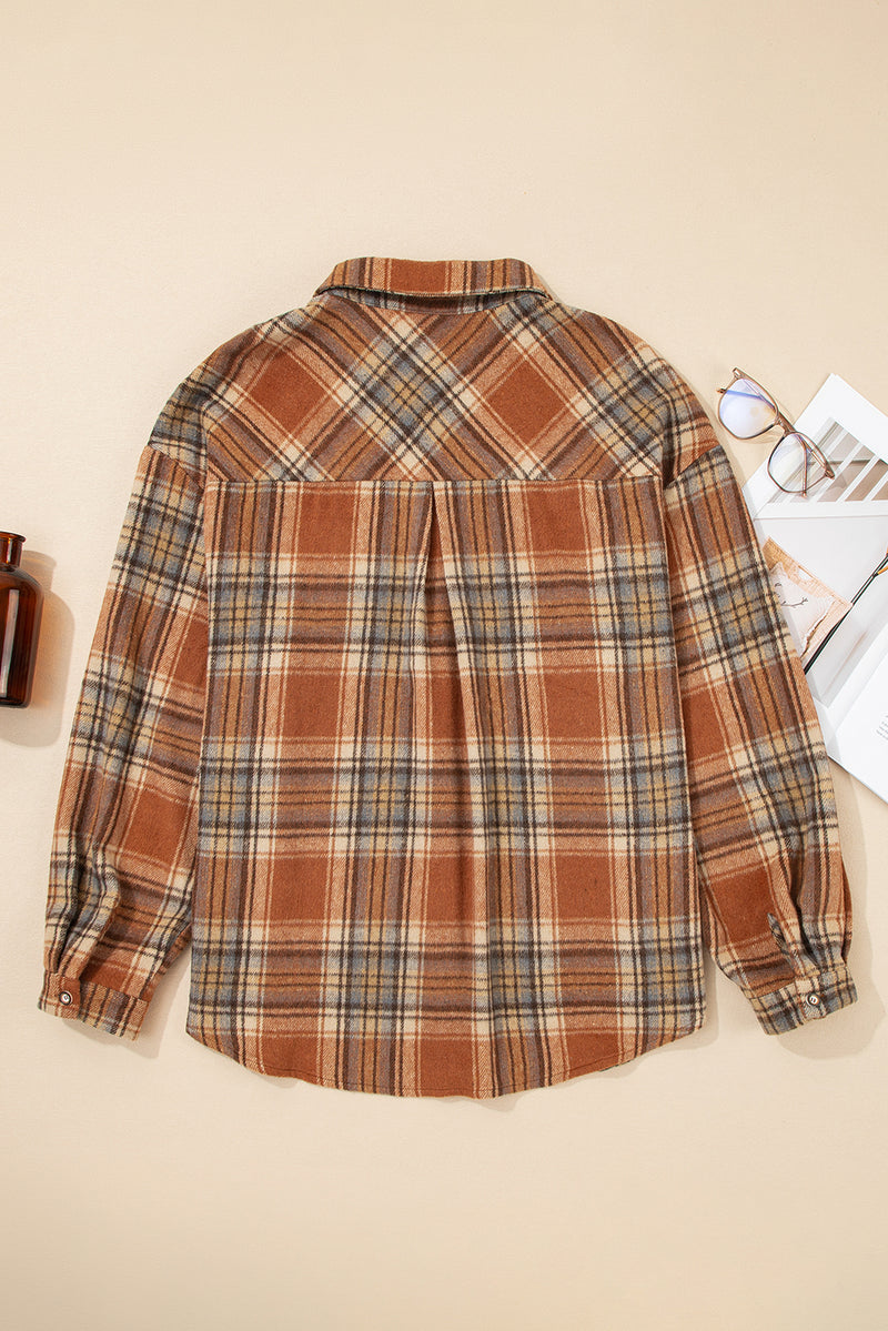 Hazel Blues® | Brown Plaid Print Flap Pocket Buttoned Shacket