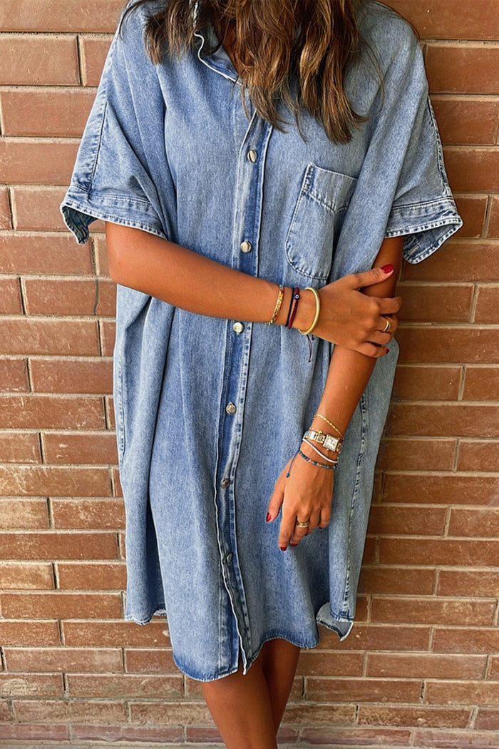 Hazel Blues® |  Pocketed Button Up Half Sleeve Denim Dress