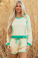Hazel Blues® |  White Contrast Trim Colorblock Long Sleeve Pullover and Drawstring Shorts 2pcs Outfit