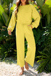 Hazel Blues® |  Yellow Cream Drop Shoulder Puff Sleeve Crop Pullover Drawstring Wide Leg Pants Set