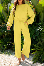 Hazel Blues® |  Yellow Cream Drop Shoulder Puff Sleeve Crop Pullover Drawstring Wide Leg Pants Set