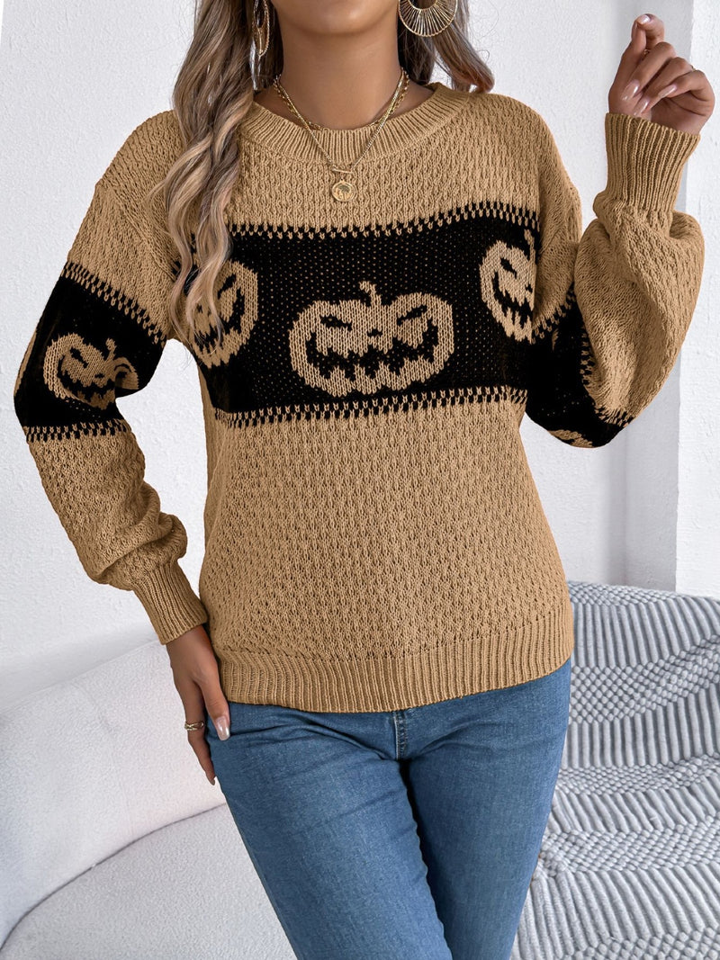 Hazel Blues® |  Pumpkin Round Neck Long Sleeve Sweater