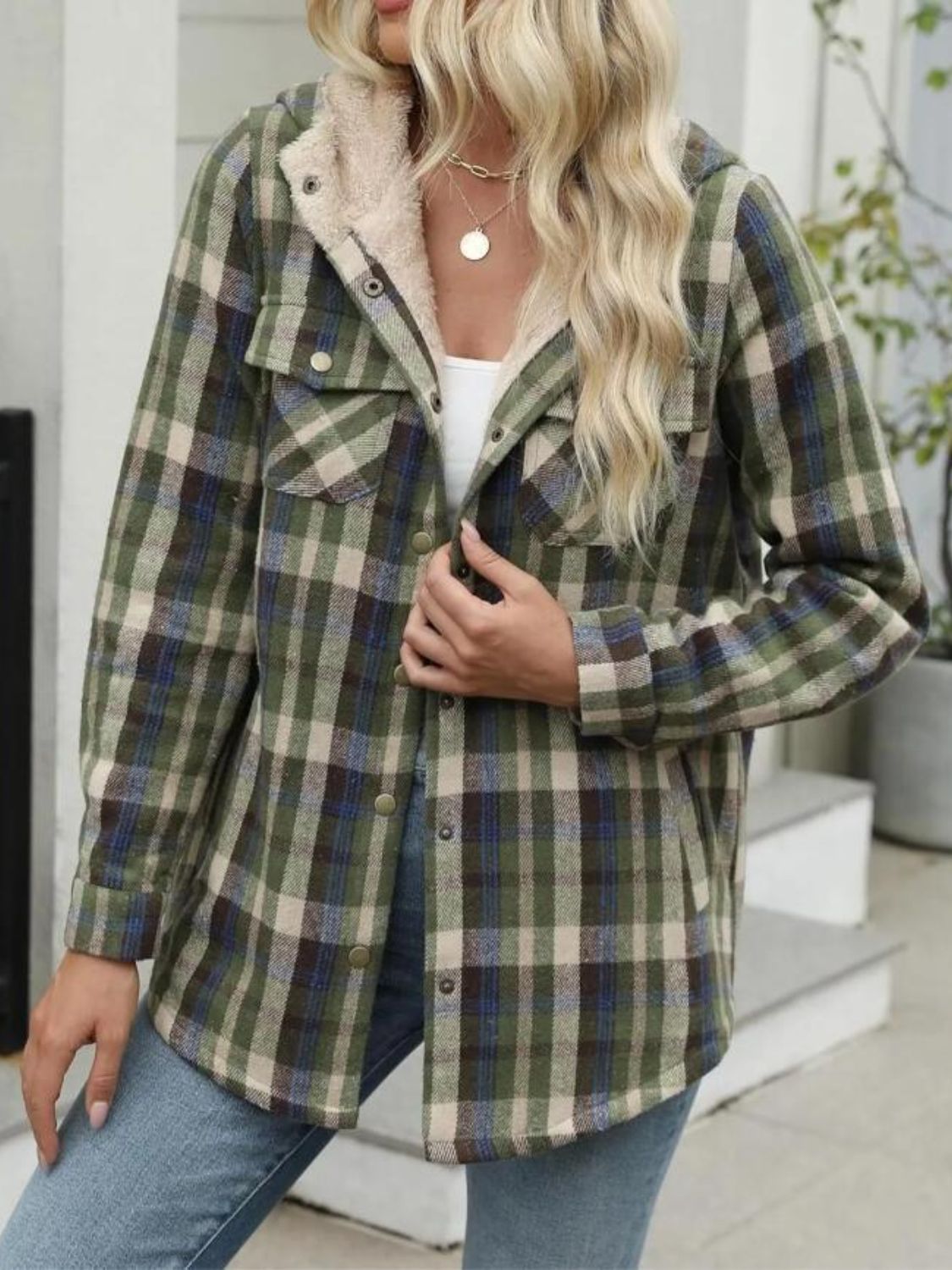 Hazel Blues® |  Plaid Snap Down Plush Hooded Jacket