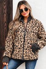 Hazel Blues® |  Khaki Leopard Print Zip Up Stand Neck Side Pocket Jacket