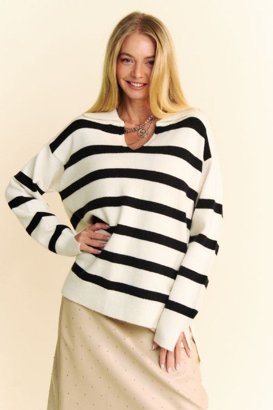 Hazel Blues® |  Davi & Dani High-Low Side Slit Striped Johnny Collar Sweater