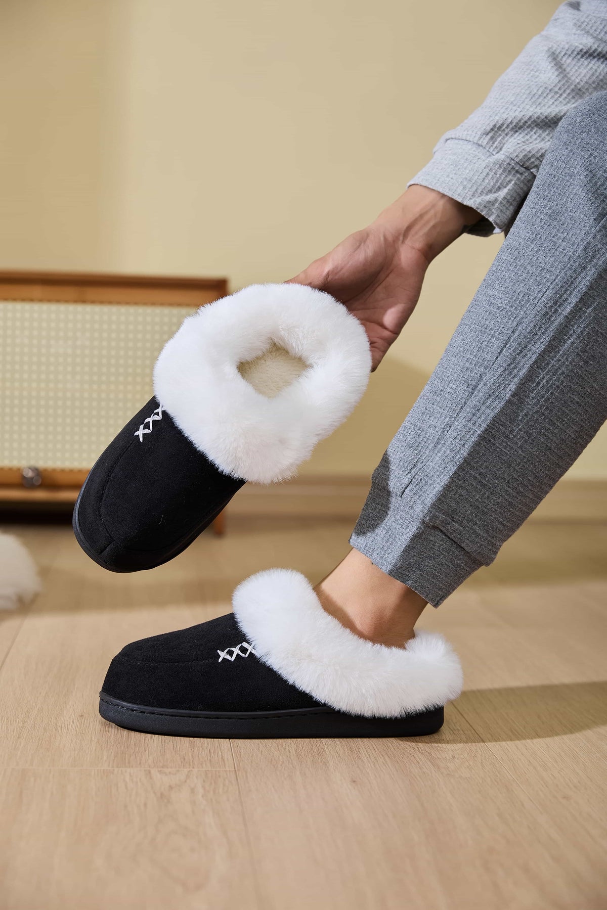 Hazel Blues® |  Fluff Trim Round Toe Flat Slippers