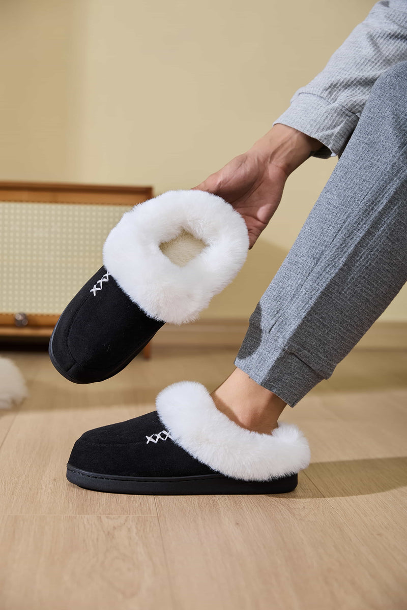 Hazel Blues® |  Fluff Trim Round Toe Flat Slippers