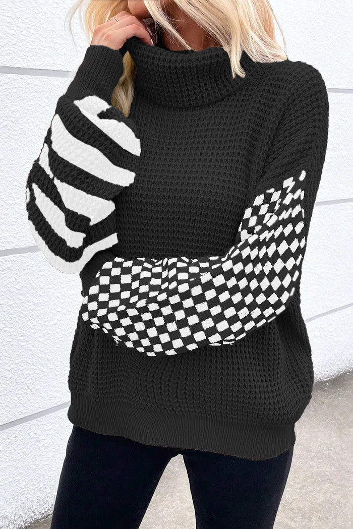 Hazel Blues® |  Checkered Striped Turtleneck Long Sleeve Sweater