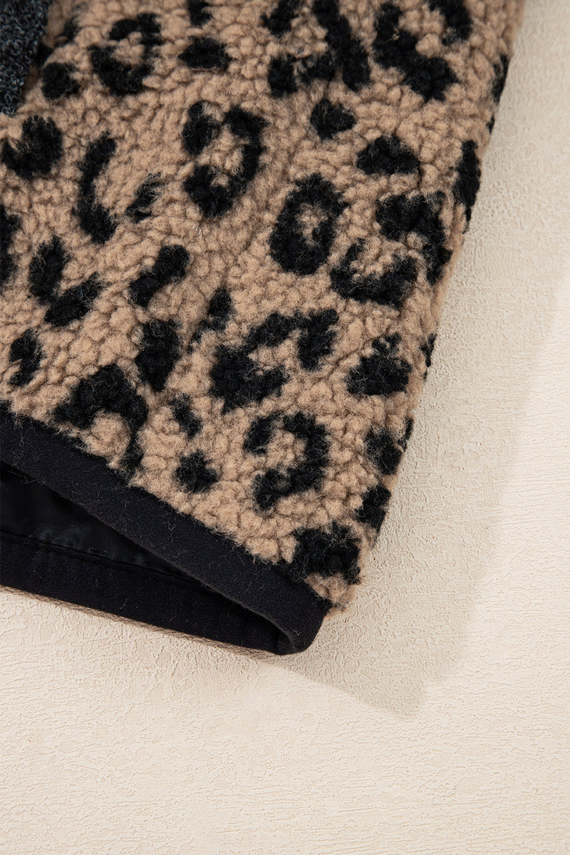 Hazel Blues® |  Khaki Leopard Print Zip Up Stand Neck Side Pocket Jacket