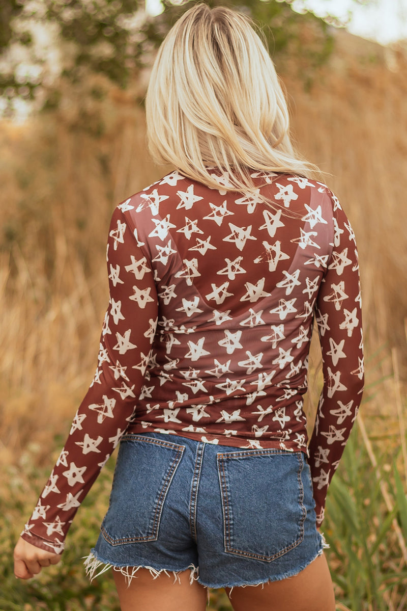 Hazel Blues® |  Red Mesh Star Print Mock Neck Sheath Long Sleeve Top
