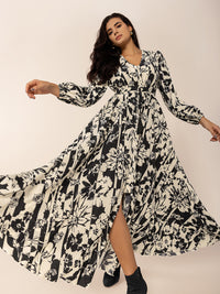 Hazel Blues® |  Tied Printed V-Neck Long Sleeve Midi Dress