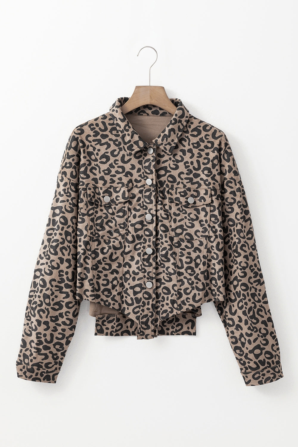 Hazel Blues® |  Asymmetrical Hem Collared Neck Leopard Jacket