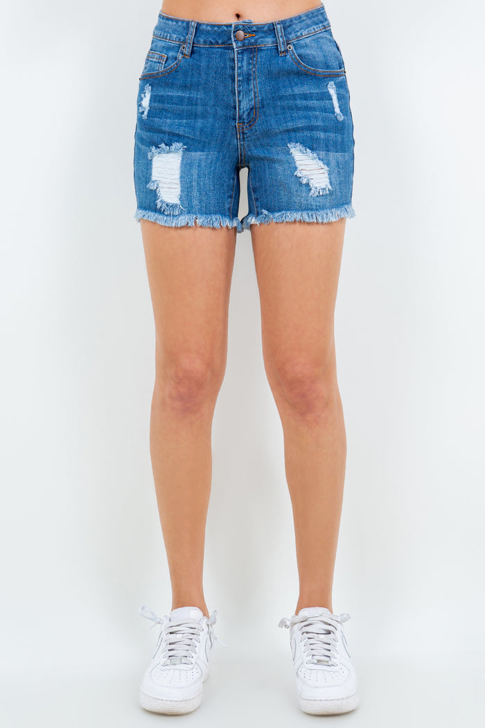 Hazel Blues® |  American Bazi High Waist Distressed Frayed Denim Shorts