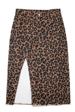 Hazel Blues® |  Brown Leopard Denim Frayed Split Denim Midi Skirt
