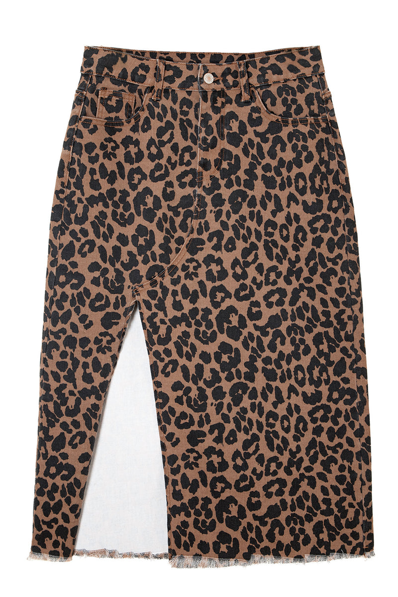 Hazel Blues® |  Brown Leopard Denim Frayed Split Denim Midi Skirt