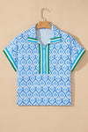 Hazel Blues® |  Pink Western Print Zipped Collar Short Sleeve Summer Blouse Top