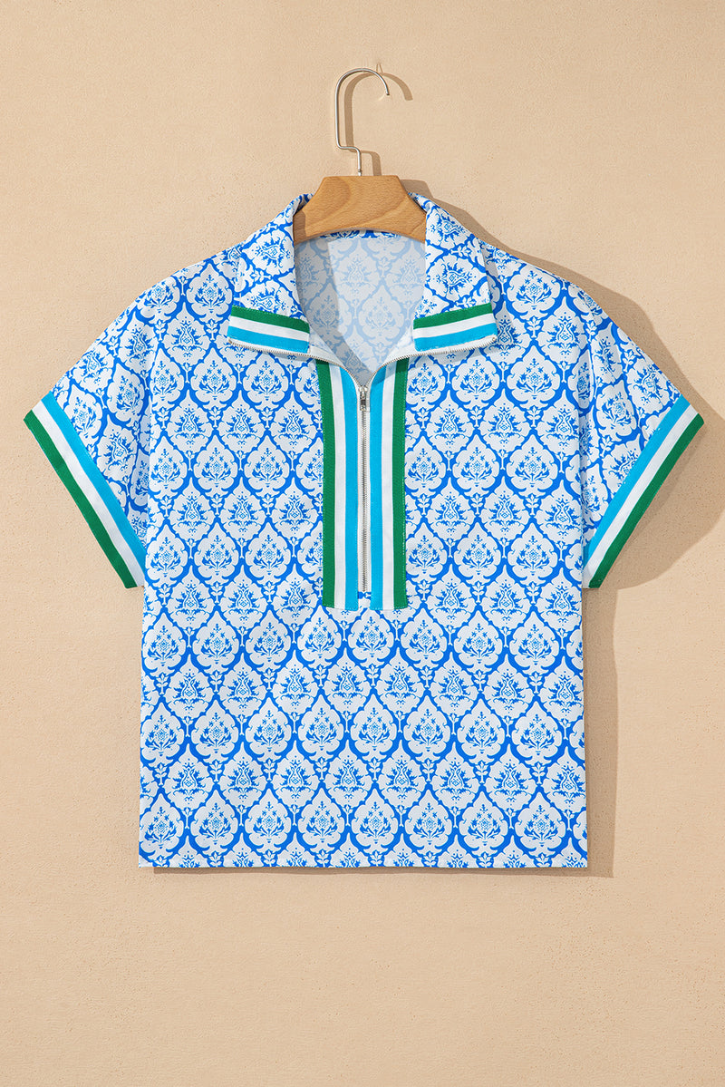Hazel Blues® |  Pink Western Print Zipped Collar Short Sleeve Summer Blouse Top