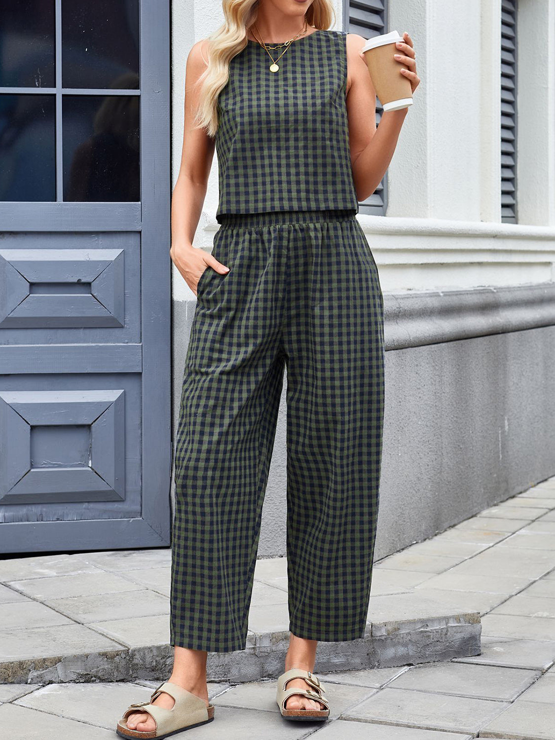 Hazel Blues® |  Lovelet Plaid Round Neck Sleeveless Top and Pants Set