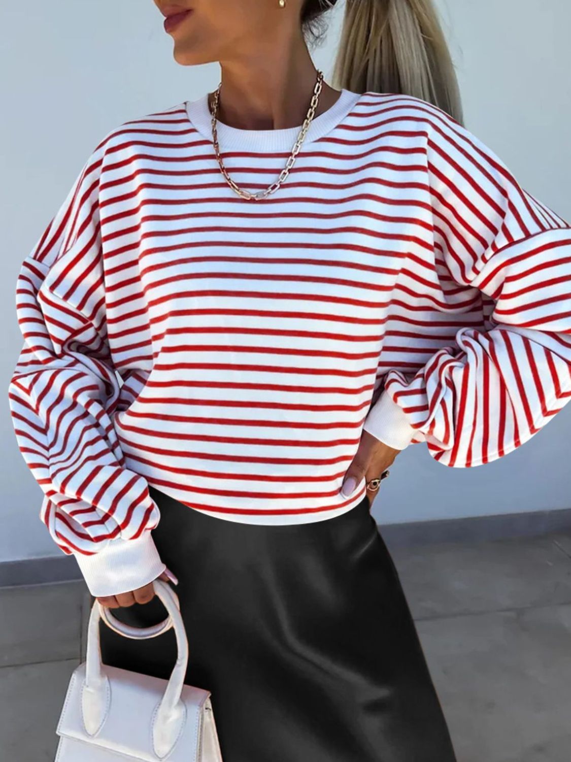 Hazel Blues® | Striped Round Neck Long Sleeve Sweatshirt