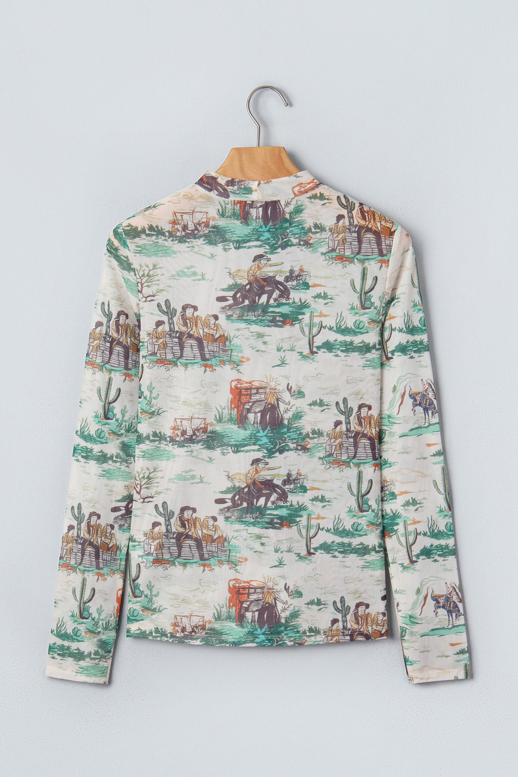 Western Print Long Sleeve Round Neck Slim Top