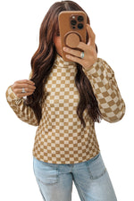 Hazel Blues® |  Khaki Check Pattern Turtleneck Ribbed Slim Long Sleeve Tee