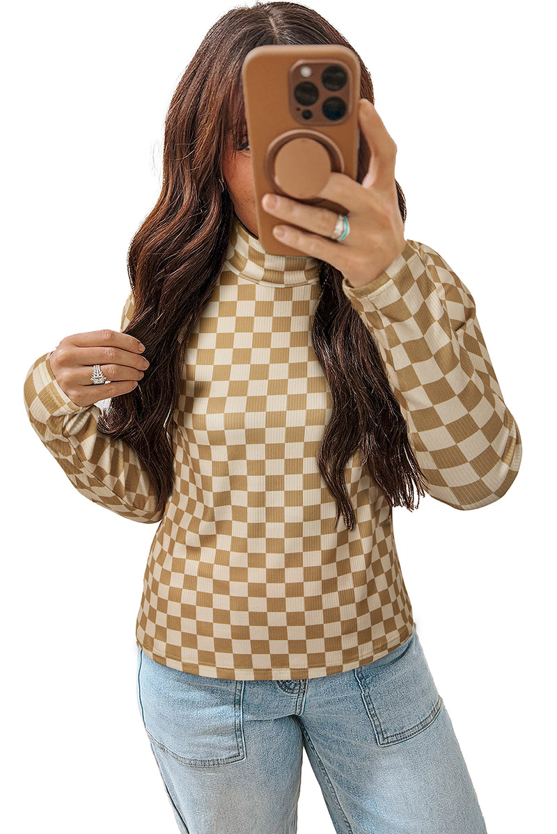 Hazel Blues® |  Khaki Check Pattern Turtleneck Ribbed Slim Long Sleeve Tee