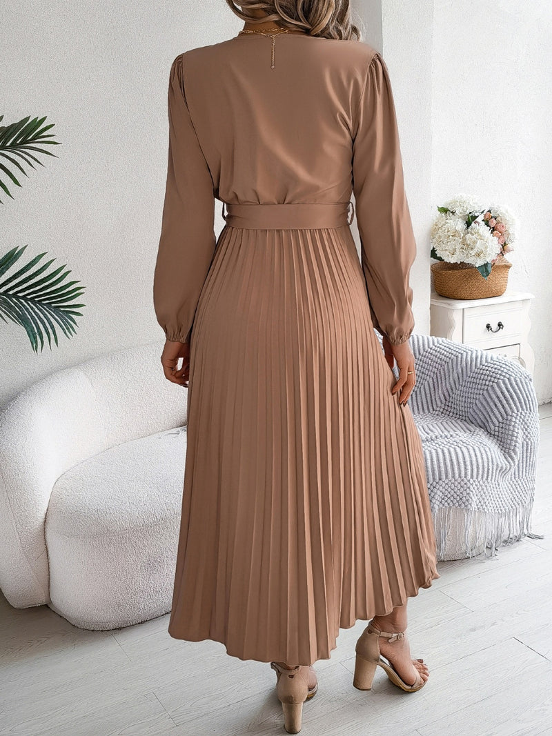 Hazel Blues® |  Pleated Tied V-Neck Long Sleeve Dress