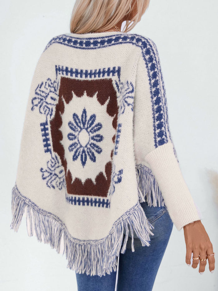 Hazel Blues® |  Fringe Geometric Long Sleeve Poncho