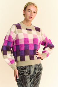 Hazel Blues® |  Davi & Dani Checkered Round Neck Long Sleeve Sweater